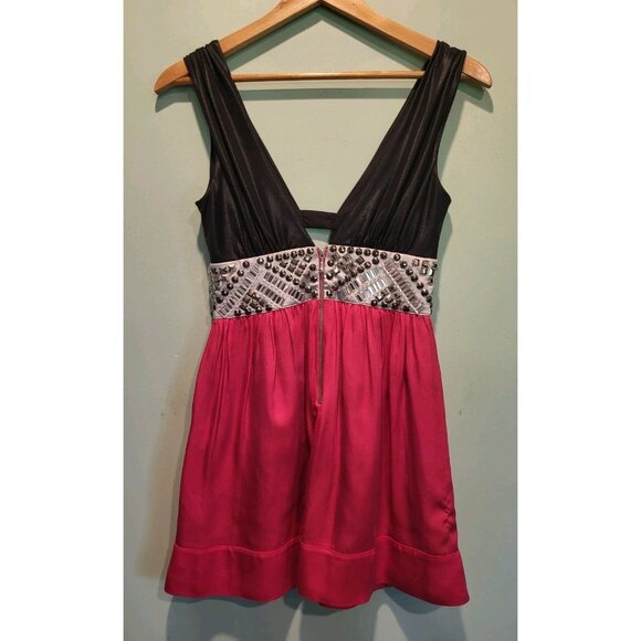 Y2K Bebe Pink Black Sleeveless Beaded V Neck Mini Dress Sz XS - Picture 5 of 8